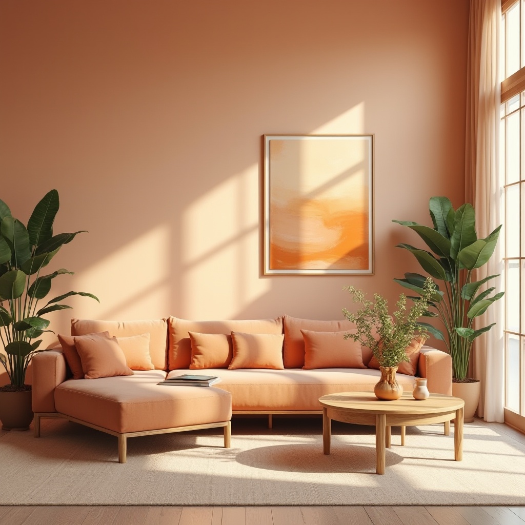 Prompt: Apricot color, pastel tone, warm vibrant hue, interior design, modern living room, minimalist decor, accent wall, abstract art piece, wooden coffee table, velvet sofa, greenery plants, natural light pouring through large windows, 3/4 composition, soft focus, shallow depth of field, warm ambient lighting, morning atmosphere, cozy feel, Scandinavian style, elegant simplicity.