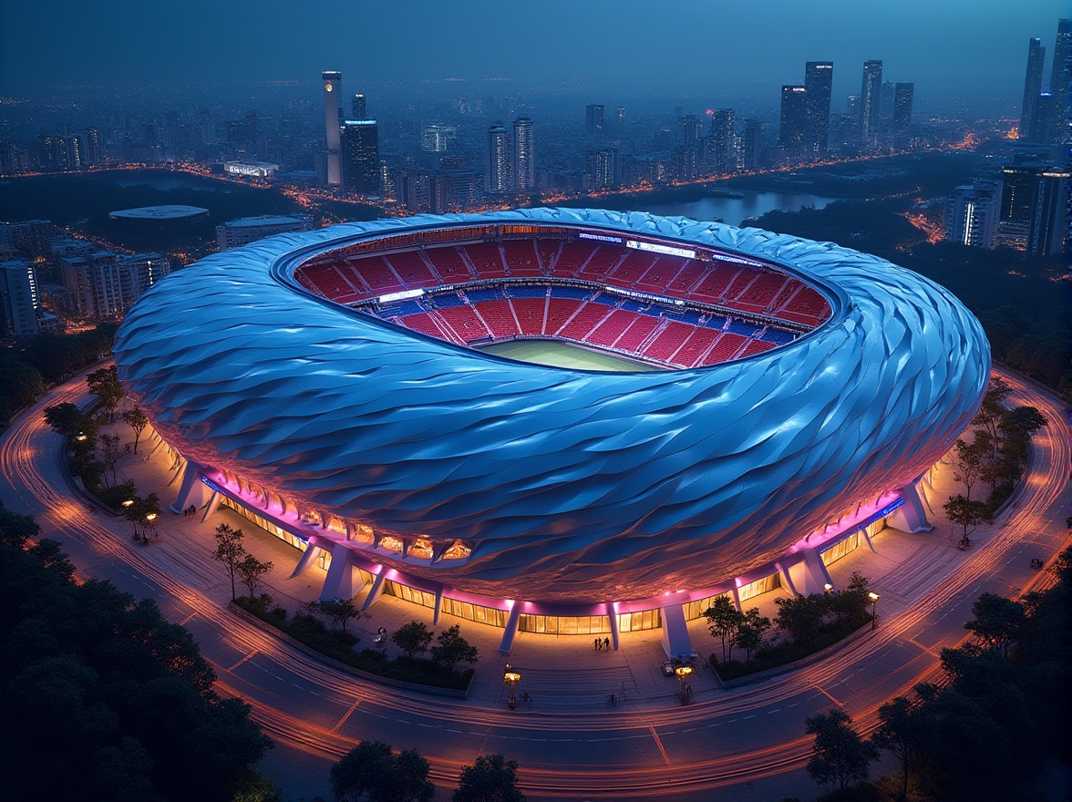 Prompt: Stadium facade, modern architecture, sleek lines, metallic materials, glass windows, LED lights, dynamic curves, futuristic design, urban landscape, city skyline, night view, aerial perspective, dramatic lighting, vibrant colors, stadium seating, sports atmosphere, energetic vibe, abstract patterns, geometric shapes, bold structure, monumental scale, grand entrance, imposing pillars, luxurious interior, VIP lounge, panoramic views.