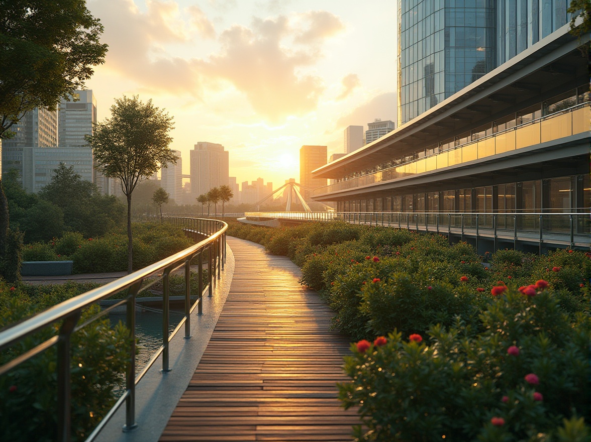 Prompt: Landscape integration, pedestrian bridges, modern architecture, steel structure, glass railings, wooden decking, vibrant greenery, urban planning, cityscape, sunrise, soft warm lighting, low-angle shot, 3/4 composition, shallow depth of field, blurred background, futuristic, sleek design.