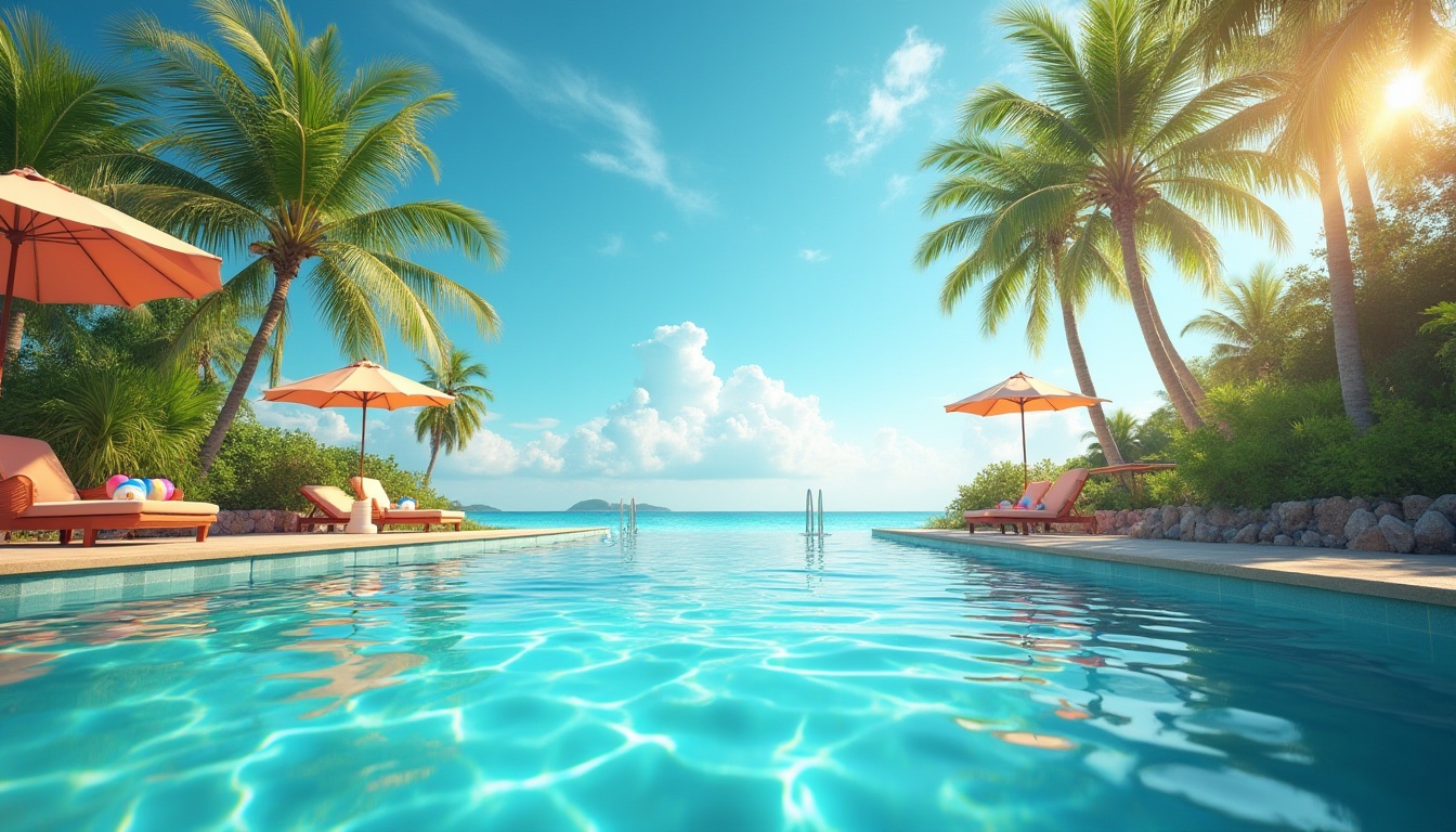 Prompt: Summer pool scene, vibrant colors, tropical plants, palm trees, sun loungers, colorful beach balls, turquoise water, rippling waves, bright blue sky with puffy white clouds, warm sunlight, shallow depth of field, 3/4 composition, soft focus, natural ambient lighting.