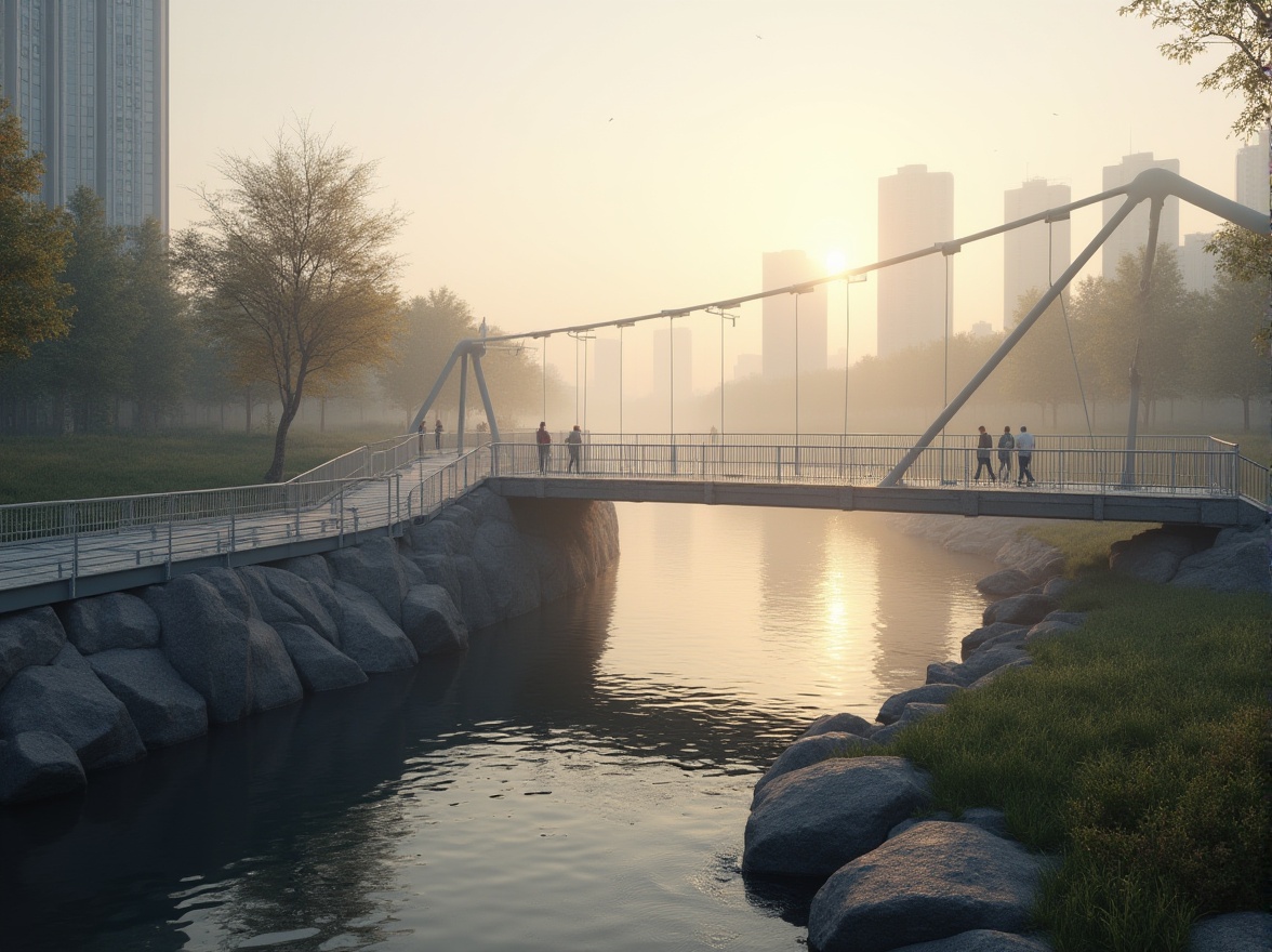 Prompt: Minimalist pedestrian bridge, sleek steel beams, simple geometric shapes, clean lines, sparse railings, wooden or metal decking, subtle lighting, urban riverbank, modern cityscape, misty morning atmosphere, soft warm light, 3/4 composition, shallow depth of field, calm water reflection, greenery surrounding the bridge, few pedestrians walking, gentle mist rising from the water.