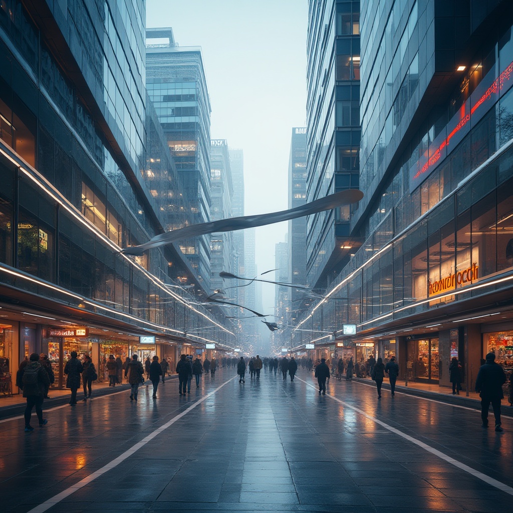 Prompt: Modern metropolitan city, metro station facade, sleek curves, LED lights, stainless steel, glass walls, minimalist design, urban landscape, busy street, pedestrians walking, blurred motion, shallow depth of field, morning light, cinematic composition, vibrant colors, abstract shapes, futuristic architecture, intricate details, geometric patterns, 3/4 view, symmetrical balance, bold typography, cityscape background.