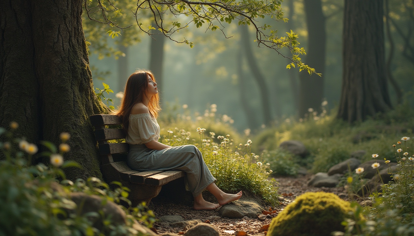 Prompt: Natural integration, blending with environment, harmonious fusion, human figure merging with nature, gentle colors, soft focus, warm light, misty atmosphere, forest surroundings, giant trees, twisted vines, wildflowers blooming, rustic wooden bench, subtle facial expression, relaxed posture, casual clothing, earthy tones, moss-covered rocks, serene ambiance.