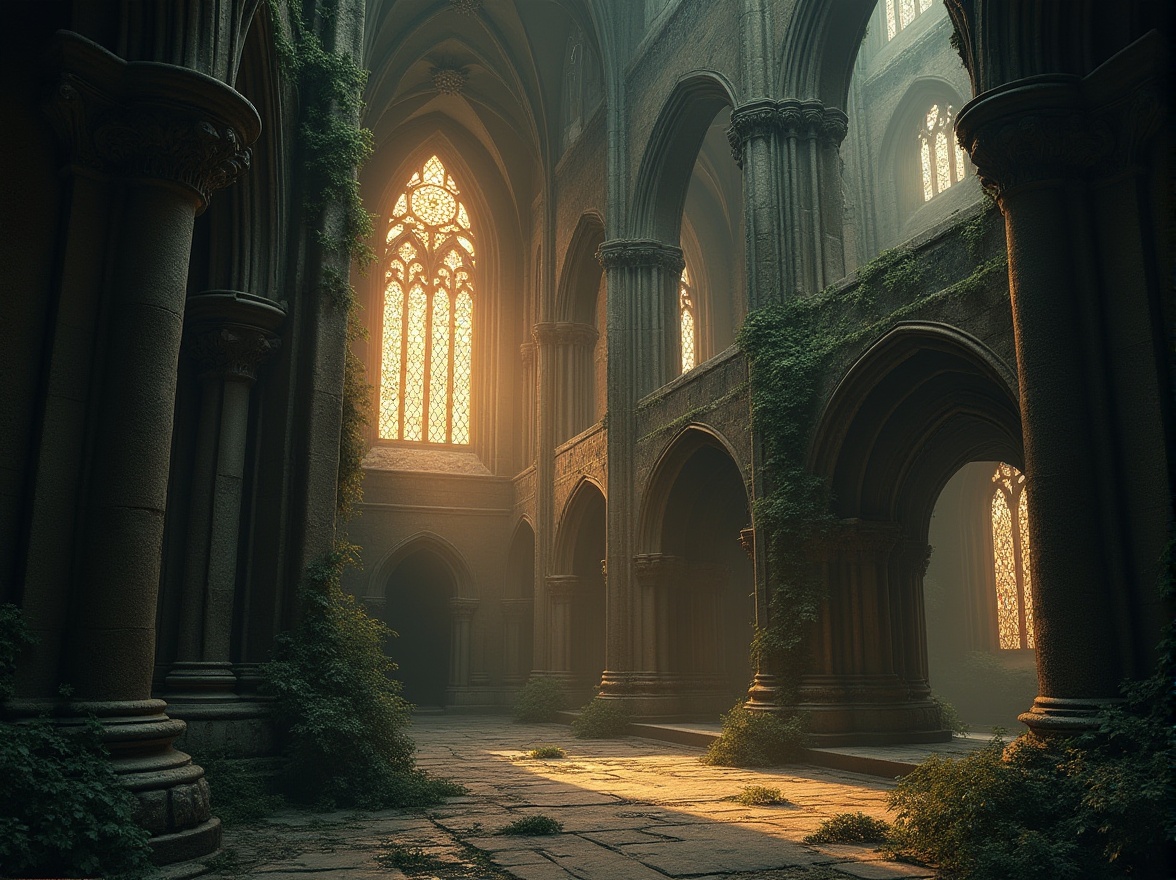 Prompt: Gothic cathedral, intricate stone carvings, ornate stained glass windows, grandiose vaulted ceilings, mysterious ambient lighting, warm golden tone, dramatic shadows, elaborate sculptures, weathered stone walls, moss-covered ruins, overgrown with vines, eerie atmosphere, misty fog surrounding, ancient, mystical, high-angle shot, cinematic composition, symmetrical framing.