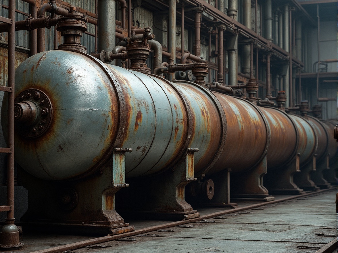 Prompt: Industrial setting, galvanized steel, metallic texture, rugged structure, rusty tone, urban atmosphere, factory background, pipes and valves, mechanical details, steam punk elements, distressed finish, corrosion effects, weathered appearance, construction site, scaffolding, iron latticework, industrial lighting, low-key color palette, realistic rendering, detailed textures.