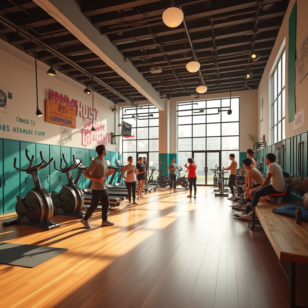 Prompt: Modern gym interior, vibrant colors, wooden flooring, bright windows, natural light, sports equipment, basketball hoops, treadmills, exercise bikes, community engagement, group fitness classes, energetic atmosphere, dynamic lighting, 3/4 composition, panoramic view, people of diverse ages, athletic wear, sneakers, yoga mats, water bottles, inspirational quotes on walls, wooden benches, lockers, mirrors, clean lines, minimal decor, spacious feel.