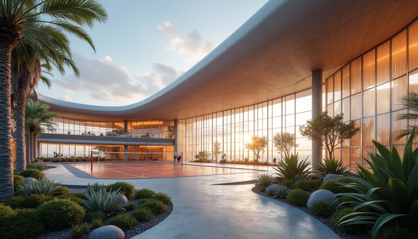 Prompt: Modern island gymnasium, futuristic architecture, sleek lines, curved roof, glass walls, wooden accents, tropical plants, palm trees, ocean views, sunset lighting, athletic tracks, basketball courts, volleyball nets, exercise equipment, floor-to-ceiling windows, minimalist interior design, concrete floors, steel beams, natural ventilation, open spaces, panoramic views, 3/4 composition, soft focus, warm ambient light.