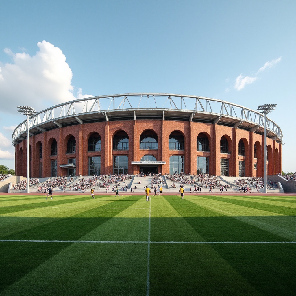 Prompt: Modern stadium, athletic event, daytime, clear sky, bright sunlight, brick façade, red brick walls, curved lines, arched windows, grand entrance, steel beams, concrete columns, green grass, sports field, athletes running, cheering crowd, brick-clad exterior, smooth texture, rustic feel, symmetrical composition, low-angle shot, wide-angle lens, high-contrast lighting.