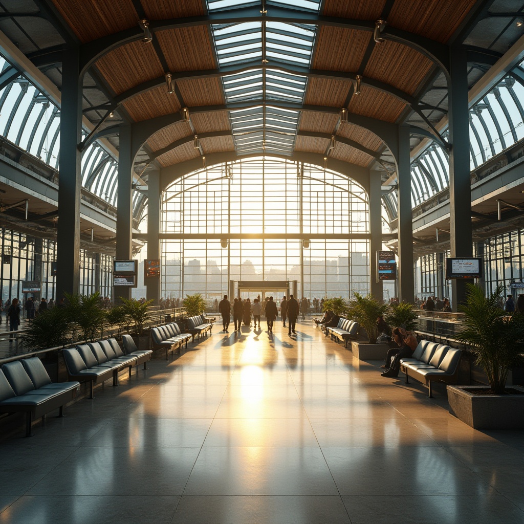 Prompt: Train station interior, modern architecture, grandeur atmosphere, high ceiling, natural light pouring through large glass windows, steel beams, wooden accents, polished marble floors, sleek metal handrails, comfortable waiting chairs, vibrant greenery, urban landscape outside, city skyline, busy commuters, morning rush hour, warm soft lighting, 3/4 composition, cinematic angle.