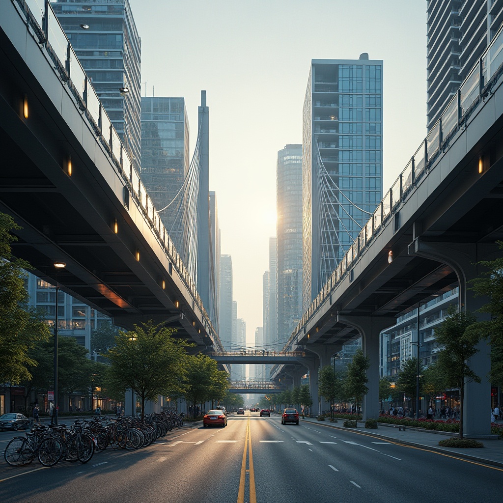 Prompt: Cityscape, pedestrian bridges, modern architecture, steel structure, cable-stayed design, glass floors, railing with LED lights, urban landscape, skyscrapers in background, busy street, morning commute, people walking, bicycles parked, greenery on bridge sides, hanging plants, natural light, soft shadows, 3/4 composition, cinematic lighting.