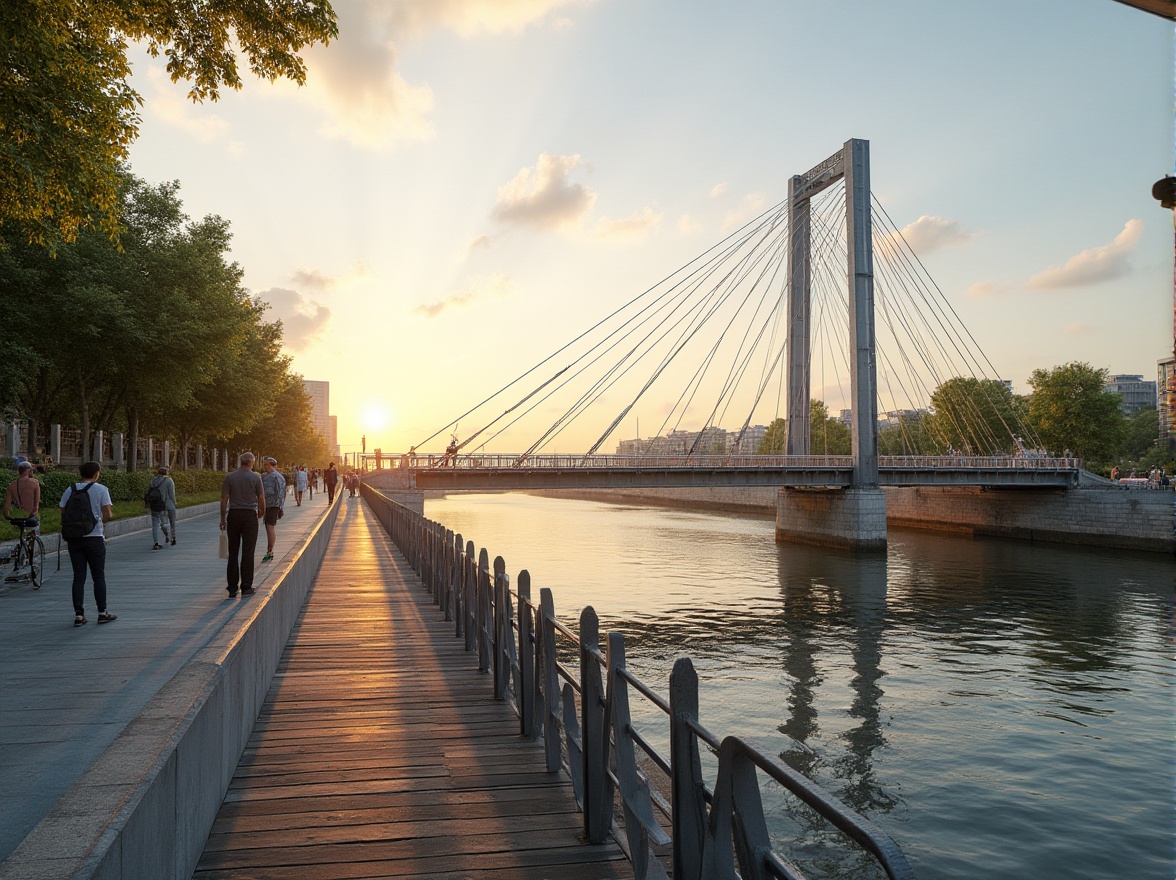 Prompt: Minimalist pedestrian bridge, sleek steel beams, simple cable-stayed design, clean lines, geometric shapes, subtle curves, modern urban setting, cityscape, riverbank, sunset, warm ambient light, long shadows, people walking, cycling, or standing, concrete piers, stainless steel railings, wooden deck, smooth stone pavement, lush greenery, trees lining the riverbank, reflection on the calm water, cinematic composition, 3/4 view, low-angle shot.