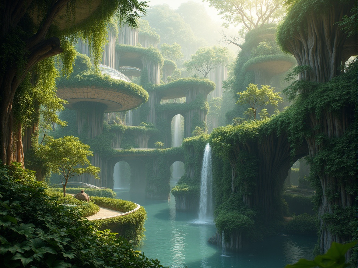 Prompt: Surrealistic landscape integration, blending with nature, futuristic architecture, curved lines, glass domes, organic shapes, lush greenery, vines crawling up walls, trees growing through floors, sparkling waterfall, misty atmosphere, warm sunlight filtering through leaves, 3/4 composition, cinematic lighting, shallow depth of field, vibrant colors, fantasy world, dreamlike ambiance.