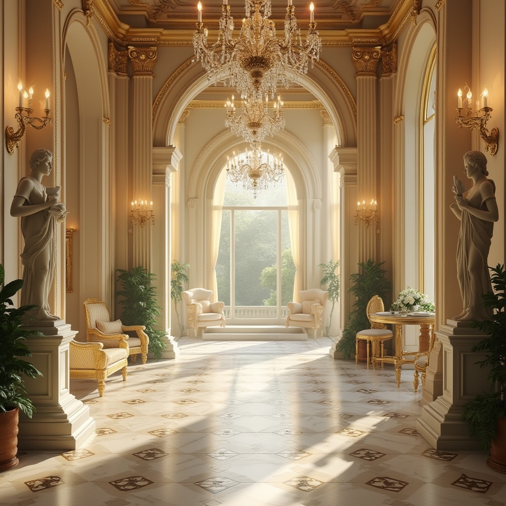 Prompt: Soft cream walls, ornate gold frames, rich velvet drapes, intricate marble flooring, warm beige columns, elegant ivory statues, luxurious emerald greenery, majestic crystal chandelier, subtle cream rose patterns, refined bronze accents, subtle earthy tones, romantic candle lighting, intimate atmosphere, Renaissance-inspired architecture, serene natural scenery, soft focus, cinematic composition, 3/4 view.