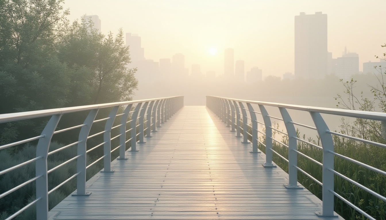 Prompt: Minimalist pedestrian bridges, modern, sleek design, silver metal railings, wooden or concrete floor, subtle curves, gentle slopes, urban setting, cityscape background, misty atmosphere, soft warm lighting, shallow depth of field, 3/4 composition, atmospheric perspective, calm tone, pastel color palette, beige, light gray, pale blue, creamy white, greenery surroundings, trees, bushes, flowers, water reflections, rippling effects.