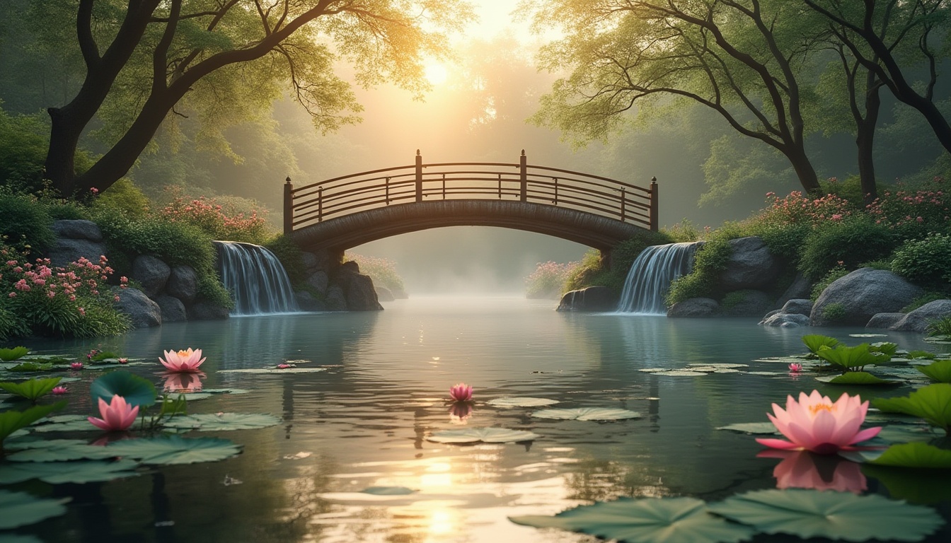 Prompt: Serenity enhanced scenery, incorporating water features, calm atmosphere, misty morning, soft golden lighting, subtle ripples on the water surface, gentle waterfall cascading down a natural stone wall, lush greenery surrounding the pool, vibrant flowers blooming around the edges, delicate lotus leaves floating on the water, tranquil wooden bridge crossing over the pond, ornate iron railing, majestic trees towering above, soft mist rising from the water, warm and cozy ambiance, cinematic composition, shallow depth of field, realistic rendering.