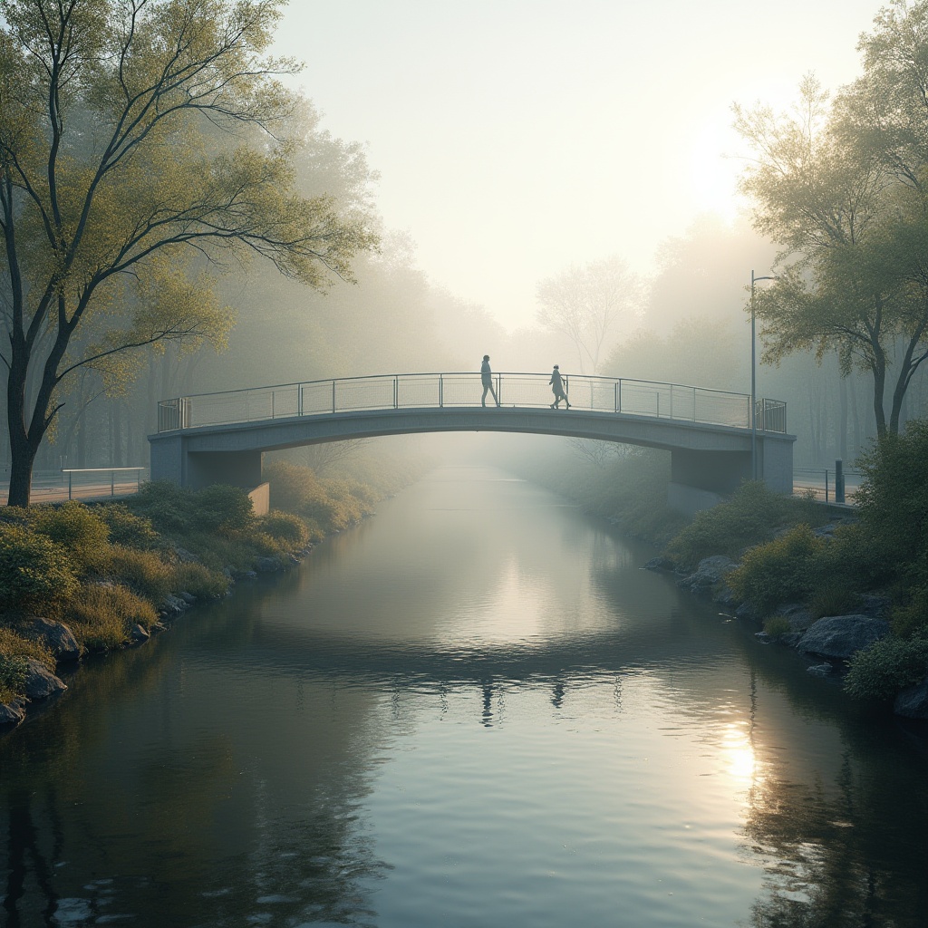 Prompt: Minimalist pedestrian bridges, modern architecture, sleek lines, simple curves, industrial materials, concrete pillars, steel beams, wooden decks, subtle lighting, calm atmosphere, serene water reflection, gentle river flow, lush greenery surroundings, misty morning fog, warm afternoon sunbeams, soft shadows, 3/4 composition, panoramic view, cinematic mood, neutral color palette, whites, grays, beiges, dark blues, muted greens, ambient occlusion, realistic rendering.