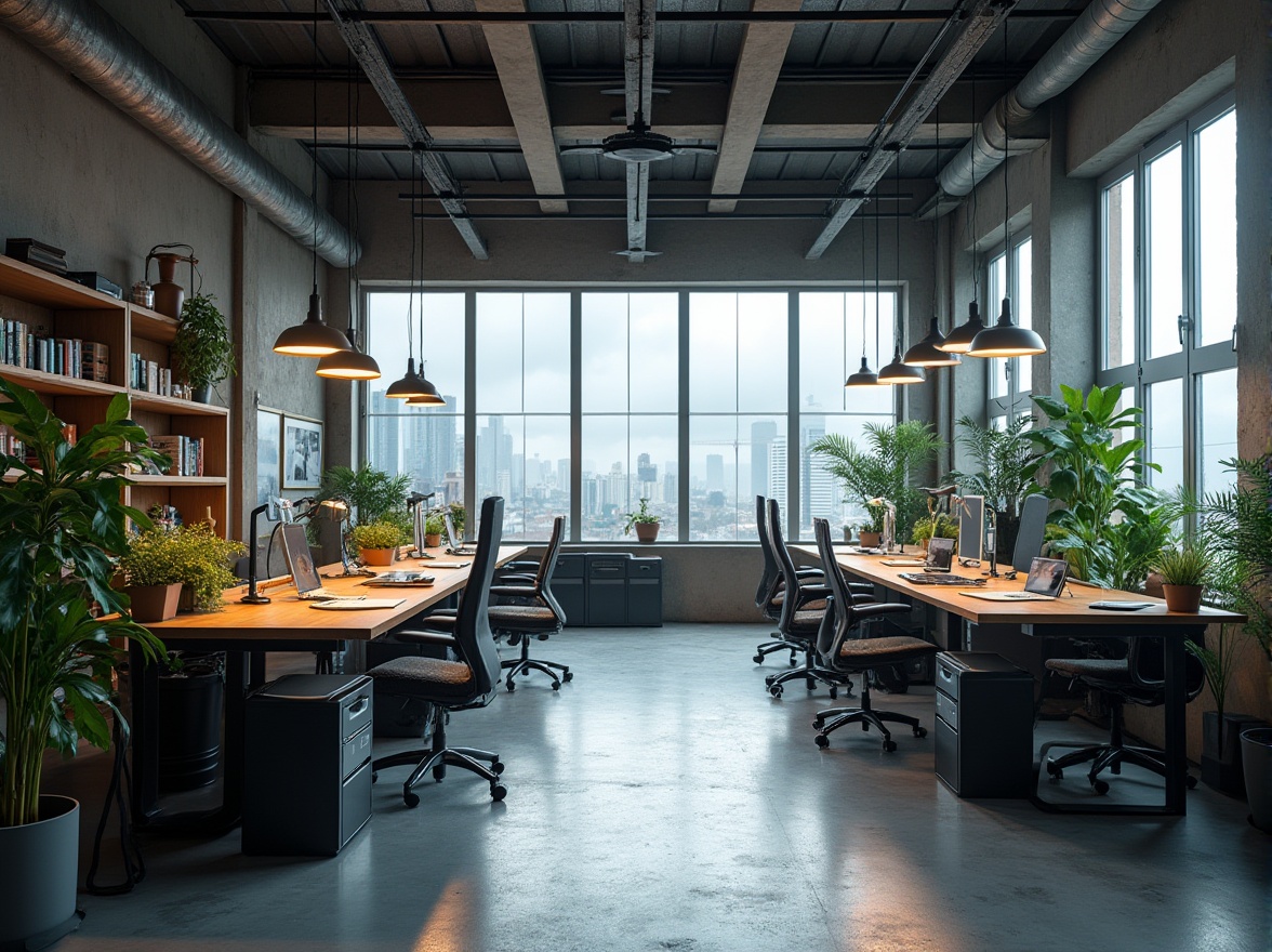 Prompt: industrial workshop, urban minimalism style, concrete floor, metal beams, modern LED lights, hanging lamps, minimalist desks, ergonomic chairs, green plants, plenty natural light, large windows, cityscape view, cloudy day, soft box lighting, cinematic composition, 3/4 shot, realistic, ambient Occlusion.