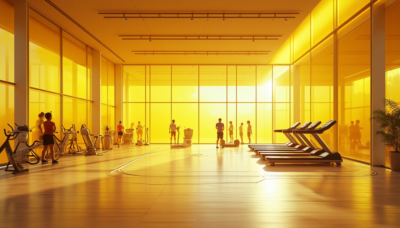 Prompt: Modern gymnasium interior, innovative use of light yellow colored glass, sleek lines, minimalist style, bright atmosphere, natural light pouring through glass ceiling, athletic tracks, wooden flooring, state-of-the-art exercise equipment, metal framework, dynamic angles, panoramic view, warm lighting, 3/4 composition, shallow depth of field, vibrant color contrast, reflections on the glass surface, soft shadows, fitness enthusiasts exercising in the background.