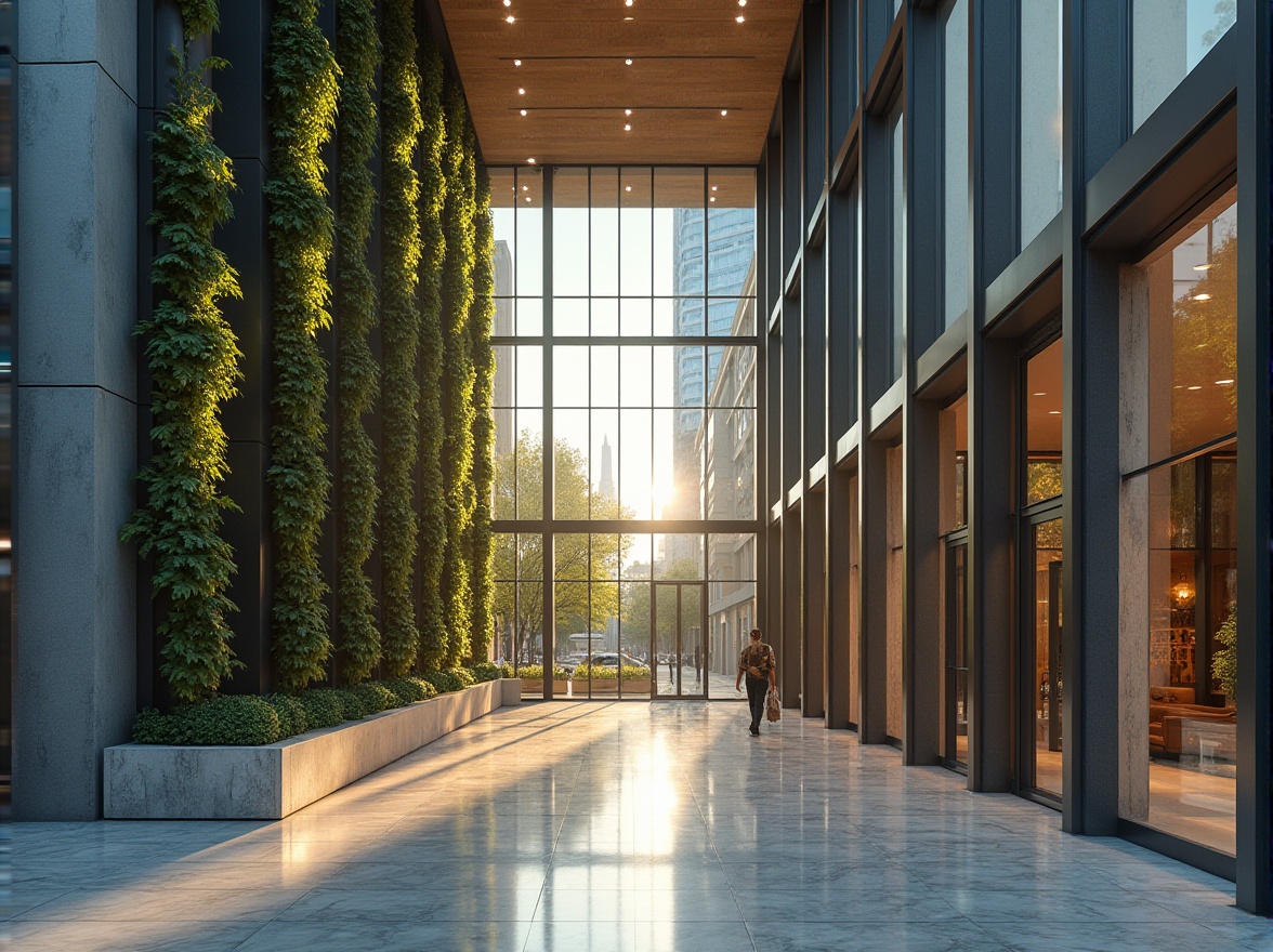 Prompt: Modern building facade, aesthetic architecture, glass windows, metal frames, sleek lines, minimalist design, functional LED lighting, vertical green walls, urban cityscape, concrete columns, marble floors, wooden accents, futuristic vibe, dramatic angles, symmetrical composition, morning sunlight, soft shadows, high-contrast highlights, cinematic atmosphere.