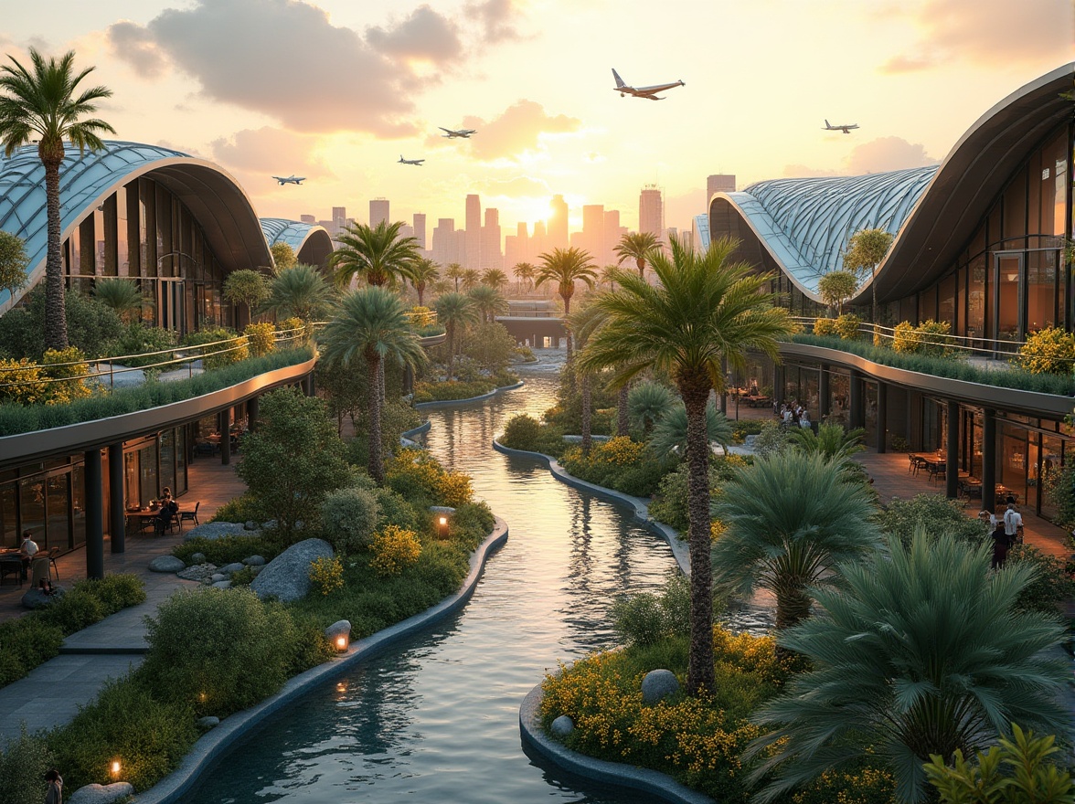 Prompt: Airport terminal, fusion architecture, modern curves, steel frames, glass walls, green roofs, lush vegetation, tropical plants, palm trees, vibrant flowers, natural stones, water features, shallow pools, walking paths, seating areas, urban gardens, city skyline view, sunset, warm lighting, soft focus, 3/4 composition, ambient Occlusion.