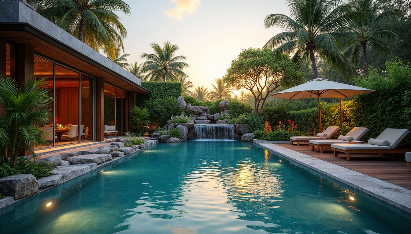 Prompt: Luxurious backyard, infinity pool, integrated landscape design, natural stone waterfall, lush greenery, tropical plants, palm trees, colorful flowers, sun loungers, wooden deck, outdoor sofa, ambient lighting, warm sunset glow, gentle water ripples, 3/4 composition, soft focus on background, realistic texture, serene atmosphere.