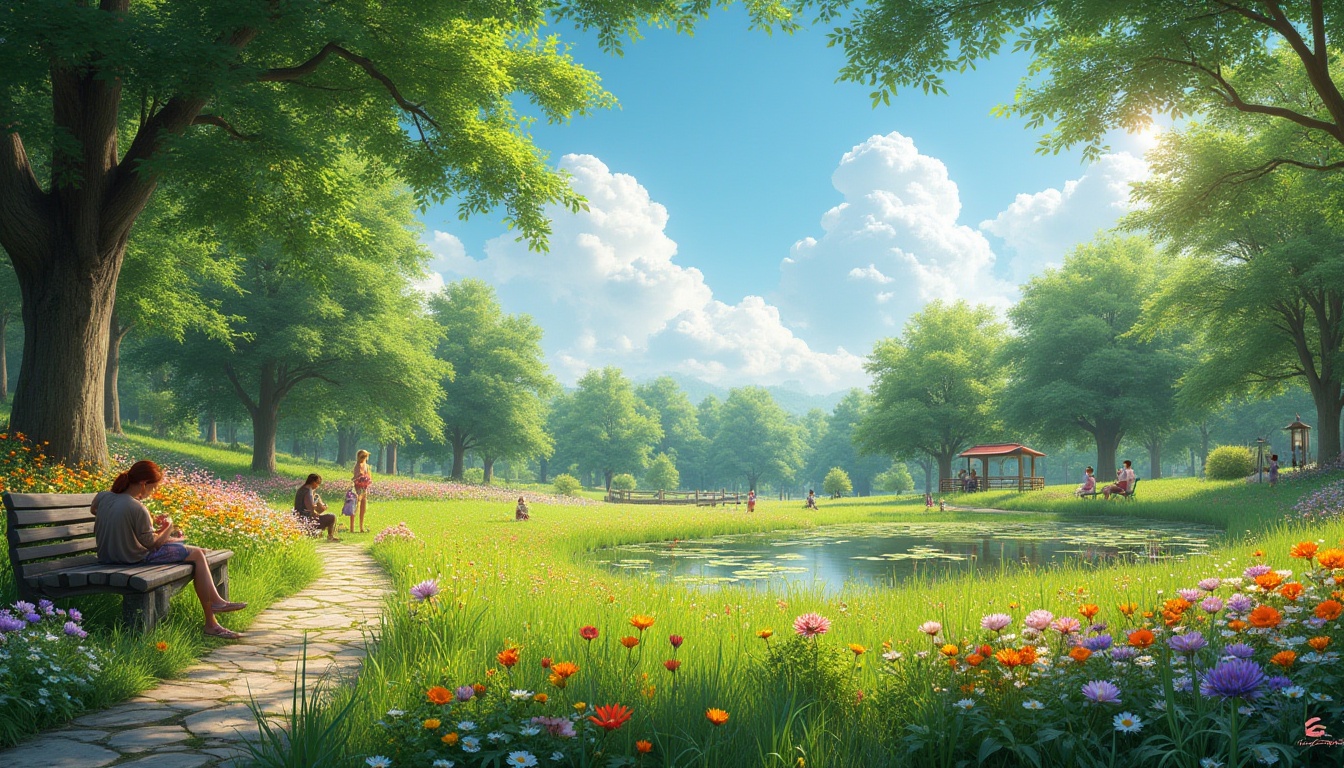 Prompt: Serene meadow, lush green grass, vibrant wildflowers of various colors, sunny day, clear blue sky, few white clouds, gentle breeze, a winding stone path, wooden benches, rustic lanterns, people relaxing, reading books, having picnics, children playing tag, laughing, a small pond with water lilies, a wooden bridge, surrounding trees providing shade, warm natural light, 3/4 composition, soft focus, depth of field, idyllic atmosphere.