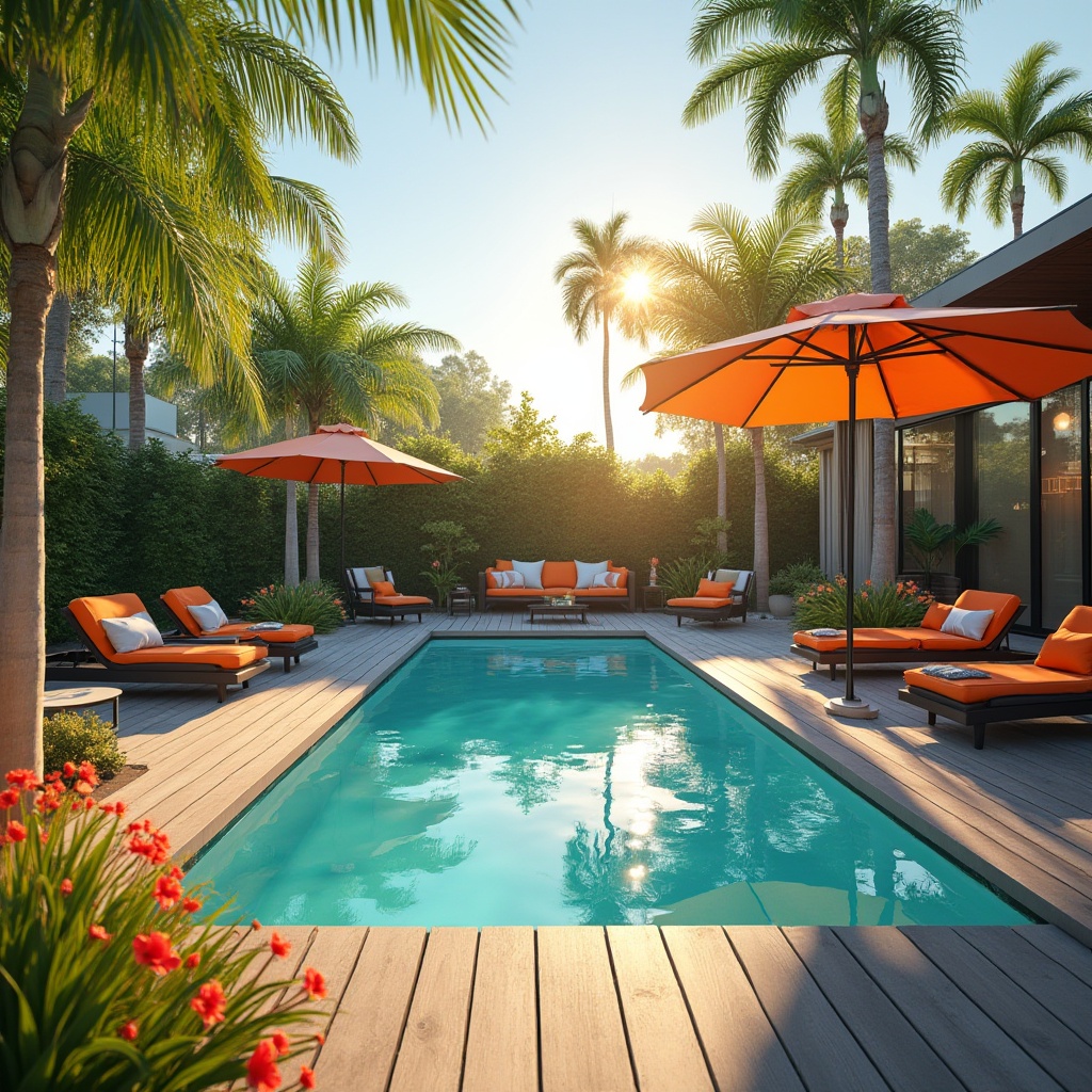 Prompt: Vibrant backyard, afternoon sun, warm atmosphere, rectangular pool, calm water reflection, lounge chairs, palm trees, colorful umbrella, summer vibe, bright blue pool water, surrounding deck, wooden flooring, lush greenery, vibrant flowers, outdoor furniture, comfortable seating area, 3/4 composition, soft natural light, serene ambiance.