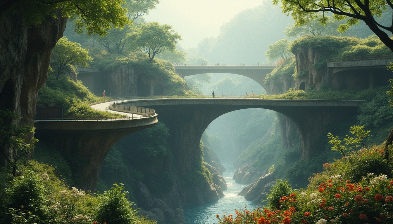 Prompt: Surrealistic landscape integration, blending with nature, futuristic architecture, curves and lines merged with trees, flowers, vines, misty atmosphere, soft warm light, ambient occlusion, cinematic composition, 3/4 view, shallow depth of field, vibrant colors, dreamy mood, peaceful ambiance, waterfalls, rocky cliffs, lush greenery, overgrown ruins.