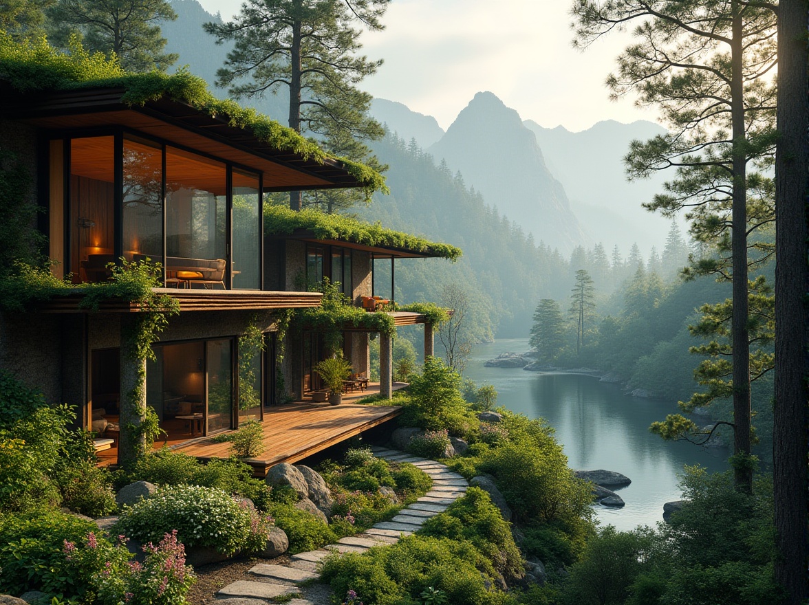 Prompt: Serene landscape integration, blending with nature, modern villa, glass walls, wooden decks, green roofs, lush forest surroundings, tall trees, vines crawling up pillars, flower-filled gardens, winding stone paths, peaceful lake in the distance, misty mountains at dawn, warm soft lighting, cinematic composition, 3/4 view, subtle depth of field, natural textures, realistic atmosphere.