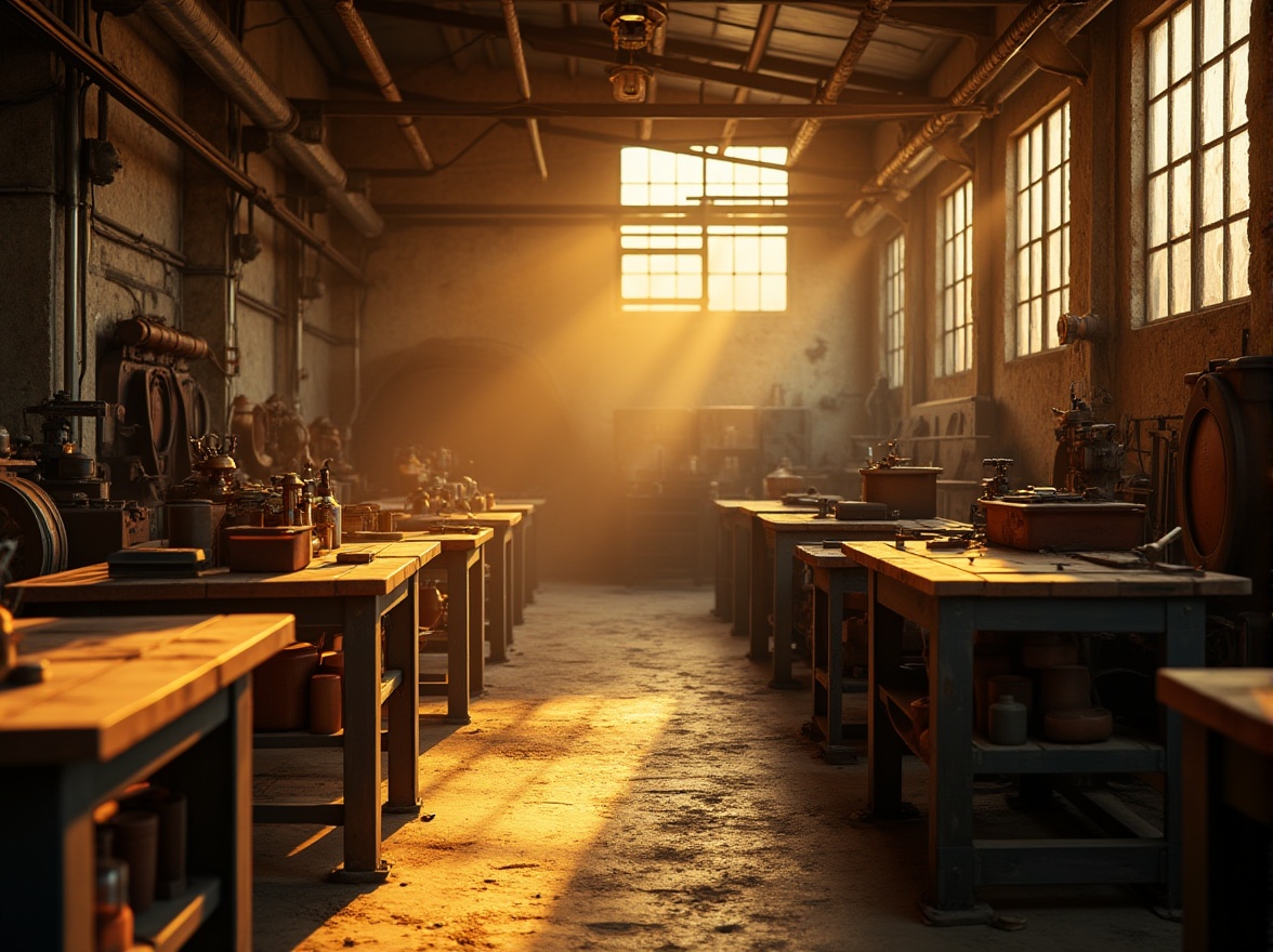 Prompt: Golden color, workshop interior, industrial style, steel beams, wooden tables, metal machinery, toolboxes, leather aprons, safety goggles, golden lighting, warm atmosphere, afternoon sunlight, soft shadows, 3/4 composition, low-angle shot, realistic rendering, ambient Occlusion, medium format camera, shallow depth of field, rustic background, earthy tone, natural materials.