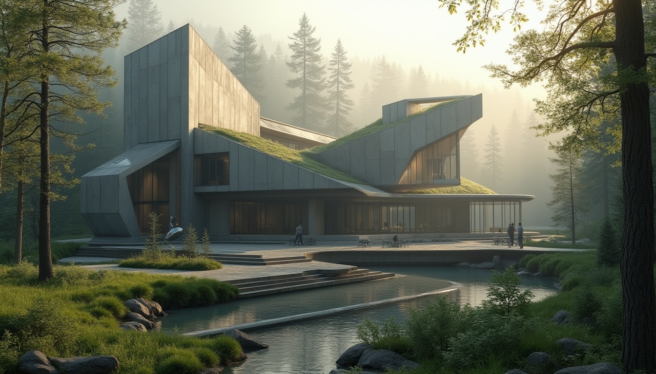 Prompt: Modern constructivist architecture, integration with natural landscape, futuristic building design, irregular shape, metallic materials, glass facade, abstract sculpture, courtyard garden, green roof, surrounding forest, misty atmosphere, foggy morning, warm sunlight filtering through trees, 3/4 composition, low-angle shot, dramatic shadows, cinematic mood.