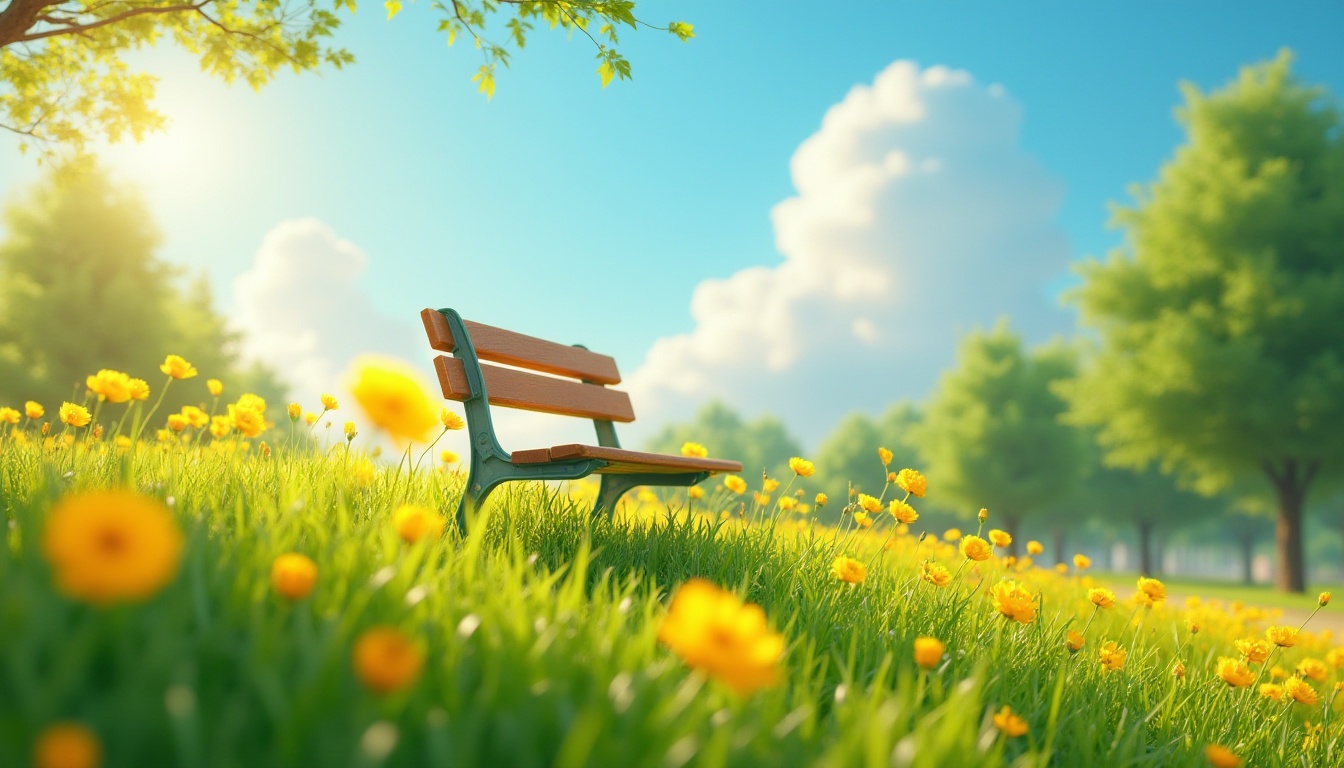 Prompt: Vibrant color palette, warm sunny day, bright yellow flowers, lush green grass, clear blue sky, few puffy white clouds, gentle breeze, peaceful atmosphere, wooden park bench, soft afternoon light, 3/4 composition, shallow depth of field, cinematic mood, HDR effect.