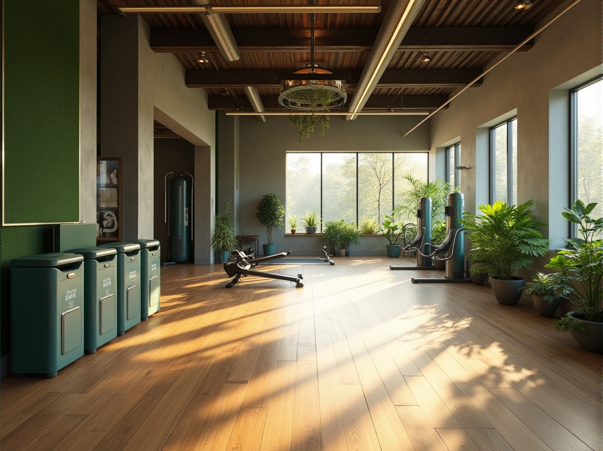 Prompt: Modern fitness club, sustainable design, eco-friendly, wooden flooring, natural light, green walls, plants, recycling bins, energy-efficient lighting, minimal waste, futuristic equipment, sleek lines, metallic accents, calm ambiance, morning sunlight, soft shadows, 3/4 composition, shallow depth of field.