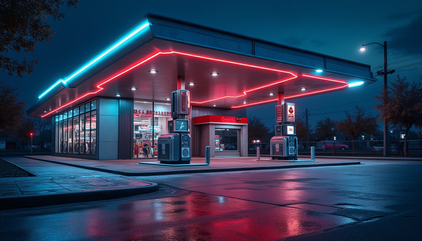 Prompt: Captivating gas station, futuristic neon lights, sleek metallic structure, angular edges, vibrant color scheme, glass walls, steel beams, modern minimalist architecture, cityscape background, night scene, 3/4 composition, low-angle shot, dramatic lighting, high-contrast, cinematic atmosphere, urban landscape.