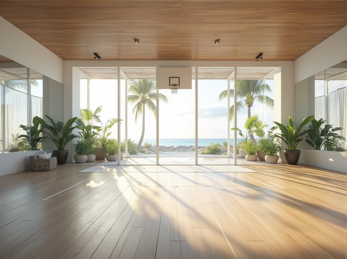 Prompt: Modern island gymnasium, sleek lines, minimalist architecture, white walls, large windows, natural light, ocean views, palm trees surrounding, tropical plants, wooden floors, athletic equipment, basketball court, tennis court, yoga room, mirrors, spotlights, high ceilings, open space, 3/4 composition, soft lighting, airy atmosphere, morning sunbeams, warm colors, Mediterranean style, villas, beachside, seashore, sandy dunes, clear blue waters.