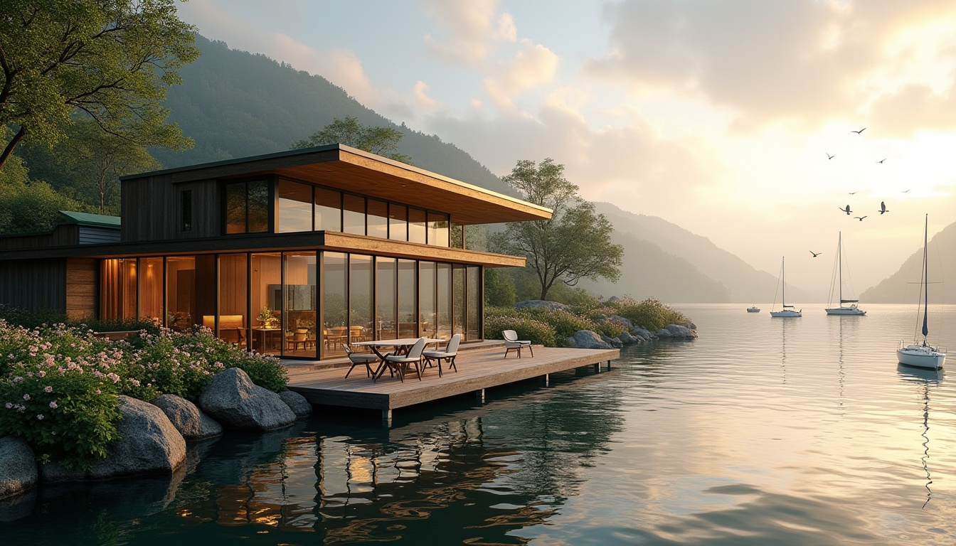 Prompt: Waterfront boathouse, modern architecture, glass walls, wooden accents, green roof, lush vegetation, flowers blooming, natural integration, serene atmosphere, sunset time, warm golden light, calm lake water, gentle ripples, sailboats docked, seagulls flying overhead, distant mountains, soft misty background, ambient lighting, cinematic composition, wide-angle lens.