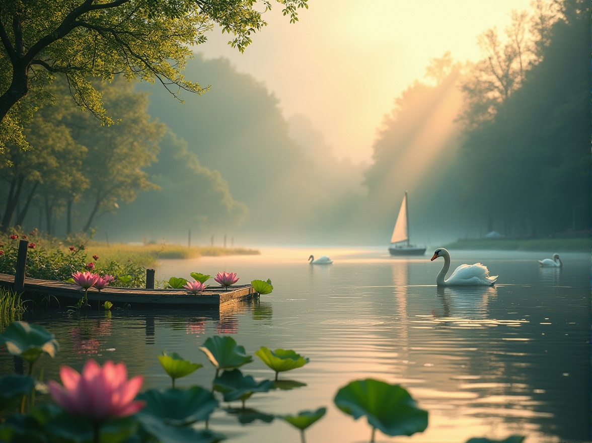 Prompt: Serene landscape, incorporating water features, aesthetic focus, calm atmosphere, tranquil lake, gentle ripples, soft mist, lush greenery, blooming lotus flowers, old wooden dock, solitary sailboat, few swans gliding effortlessly, warm golden lighting, 3/4 composition, shallow depth of field, cinematic ambiance, vibrant colors, natural textures, realistic reflections, peaceful mood.