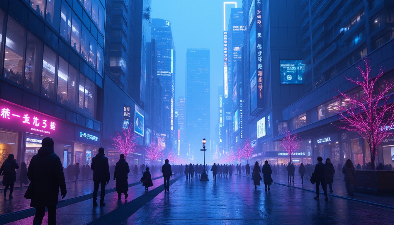 Prompt: Modern abstract scenery, futuristic cityscape, blue violet color palette, neon lights, sleek skyscrapers, metallic structures, glass facades, busy streets, crowded sidewalks, trendy people, fashionable clothing, accessories with chrome details, vibrant nightlife, misty atmosphere, low-angle shot, cinematic composition, dramatic lighting, high-contrast colors.