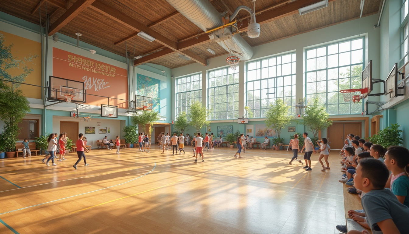 Prompt: Vibrant community center, spacious interior, modern architecture, large gymnasium, basketball court, wooden flooring, bright lighting, tall ceilings, floor-to-ceiling windows, greenery, diverse age groups, people exercising, playing sports, laughing together, colorful murals, inspirational quotes, motivational posters, fitness equipment, exercise mats, bleachers, scoreboards, trophy cases, dynamic atmosphere, energetic vibe, soft natural light, 3/4 composition, panoramic view.