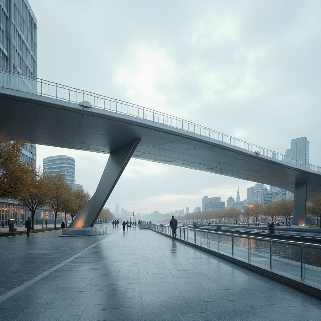 Prompt: Minimalist pedestrian bridge, sleek modern design, simple yet elegant structural elements, clean lines, minimal ornamentation, steel beams, silver color tone, subtle curves, geometric shapes, urban setting, cityscape background, concrete or stone pavement, pedestrians walking, gentle water flow underneath, soft natural lighting, cloudy sky, cinematic composition, 3/4 view, shallow depth of field, moody atmosphere.