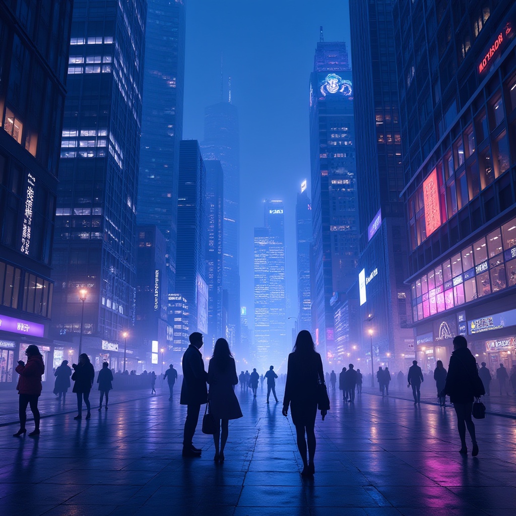 Prompt: Modern cityscape, blue violet color palette, sleek skyscrapers, glass windows reflecting neon lights, bustling streets with people in trendy outfits, high heels, fashionable handbags, city lights casting long shadows, low-angle shot, cinematic composition, vibrant nightlife, misty atmosphere, depth of field, futuristic tone, HDR.