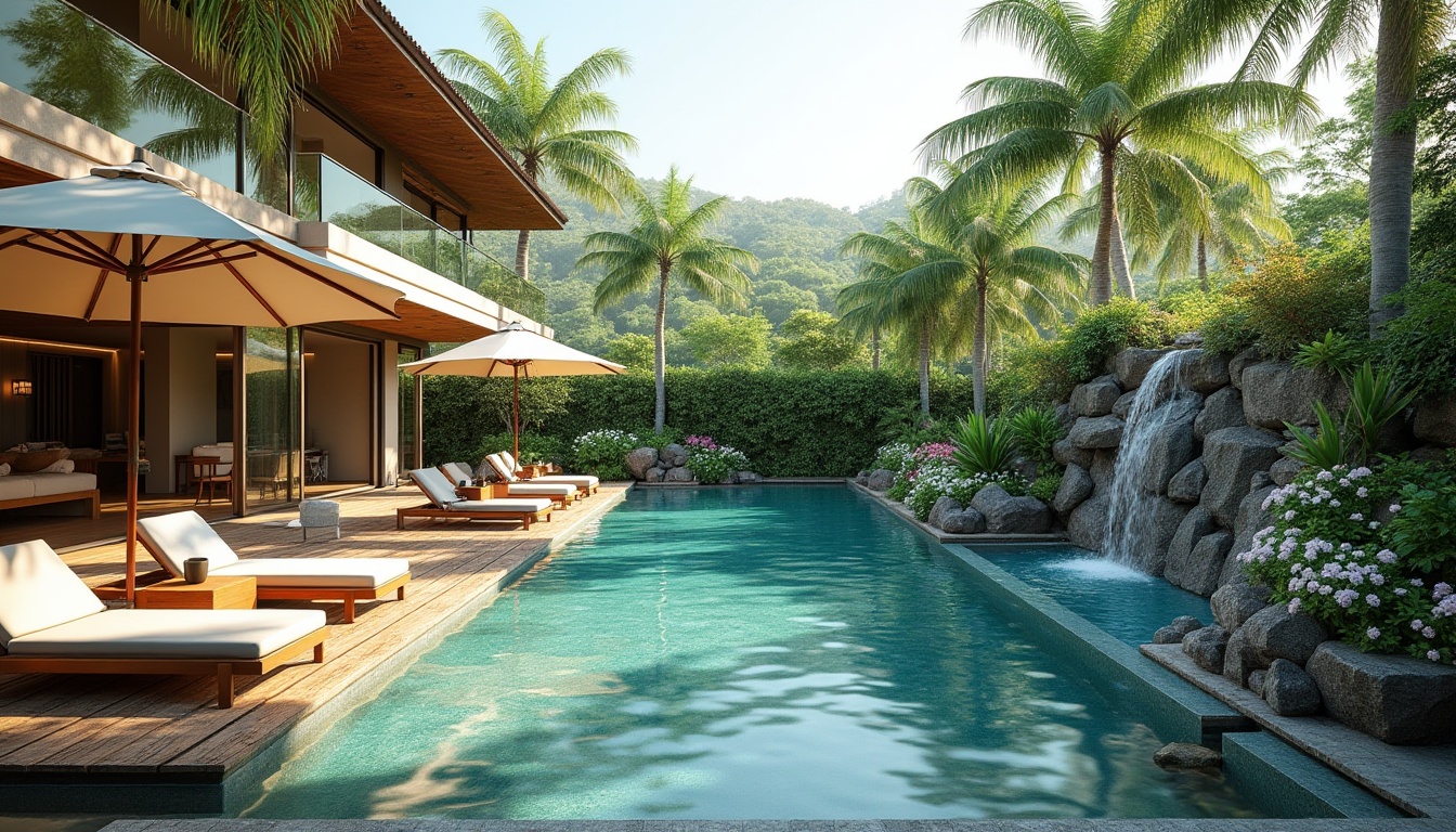 Prompt: Luxurious villa, outdoor swimming pool, infinity edge, natural stone surround, lush greenery integration, palm trees, flower beds, water features, fountain, gentle stream, rustic wooden decking, lounge chairs, umbrella, sunny day, soft warm lighting, 3/4 composition, panoramic view, blurred background, realistic rendering.