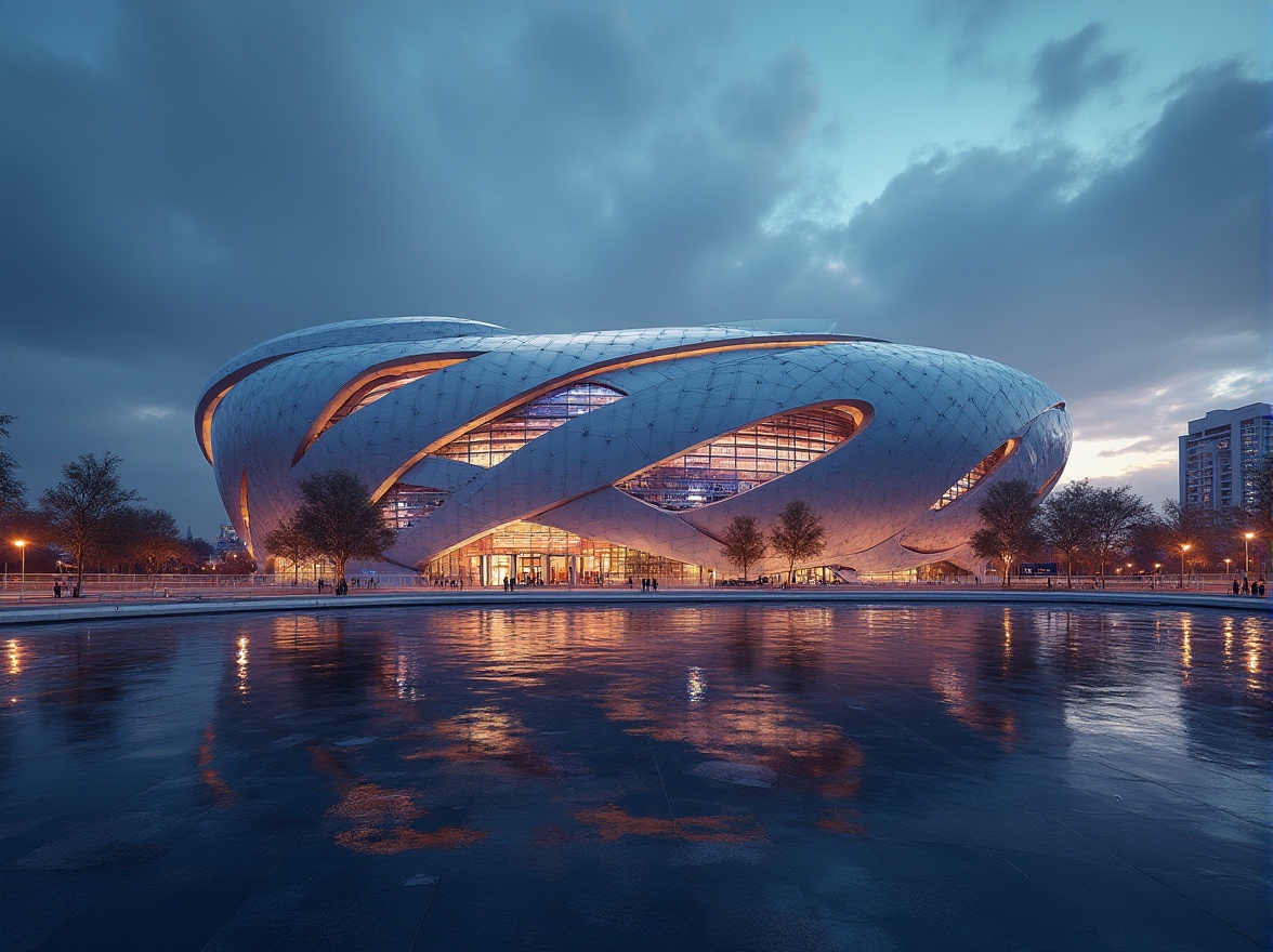 Prompt: Modern stadium, futuristic facade design, sleek lines, metallic materials, glass walls, LED lights, dynamic curves, geometric shapes, urban landscape, cityscape, evening scene, warm lighting, dramatic shadows, panoramic view, 3/4 composition, low-angle shot, architectural details, textures, reflections, high-tech atmosphere.