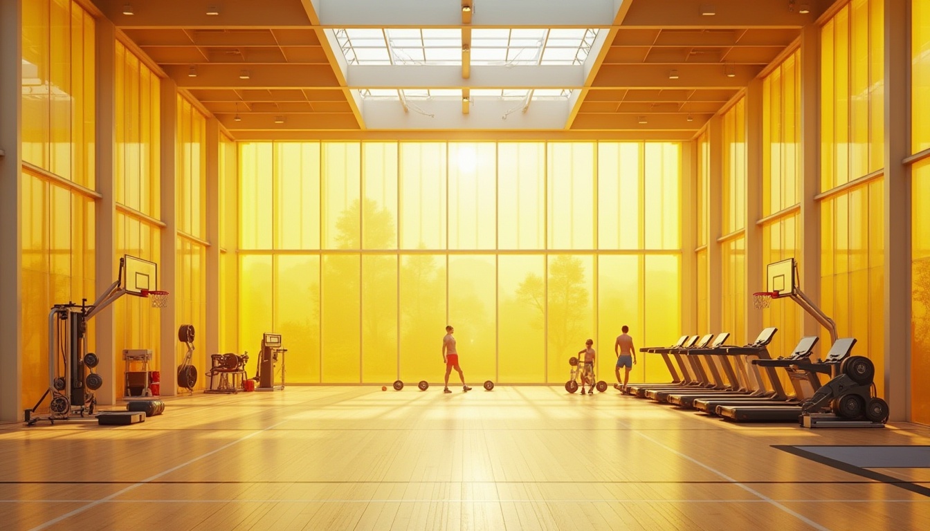 Prompt: Modern gymnasium interior, bright light yellow colored glass walls, natural light pouring in through transparent roof, warm atmosphere, sleek lines, minimalist style, athletic equipment scattered around, basketball hoops, treadmills, free weights, exercise mats, wooden floors, high ceilings, 3/4 composition, panoramic view, soft lighting, realistic reflections, detailed textures, architectural rendering.