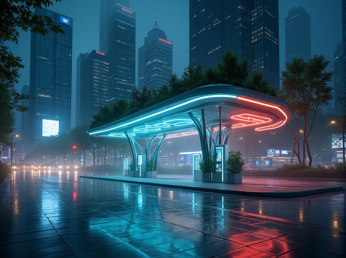 Prompt: Urban charging station, futuristic architecture, sleek metal beams, glass façade, LED lights, dynamic curves, green roof, surrounded by modern cityscape, skyscrapers, busy streets, night scene, neon lights reflecting off wet pavement, misty atmosphere, 3/4 composition, low-angle shot, cinematic lighting, urban jungle, integration with nature.