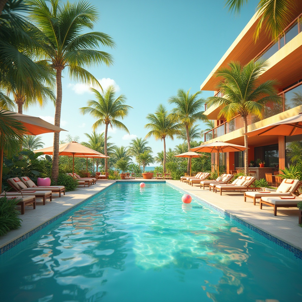 Prompt: Pool surroundings, vibrant color palette, tropical atmosphere, sunny day, palm trees, lounge chairs, colorful beach balls, refreshing cocktails, sunglasses, summer vibes, bright turquoise water, poolside bar, modern architecture, minimalist design, sleek lines, concrete flooring, lush greenery, exotic plants, warm ambient lighting, shallow depth of field, 3/4 composition.