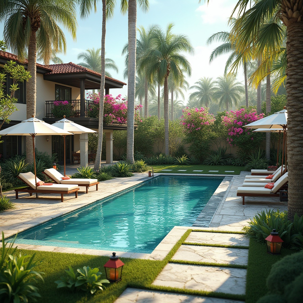 Prompt: Luxurious villa backyard, inviting outdoor space, sparkling blue pool, lounge chairs, parasol umbrellas, lush green grass, tall palm trees, blooming flowers, colorful lanterns, stone paved walkway, gentle water features, warm sunny day, soft natural lighting, 3/4 composition, shallow depth of field, realistic rendering.