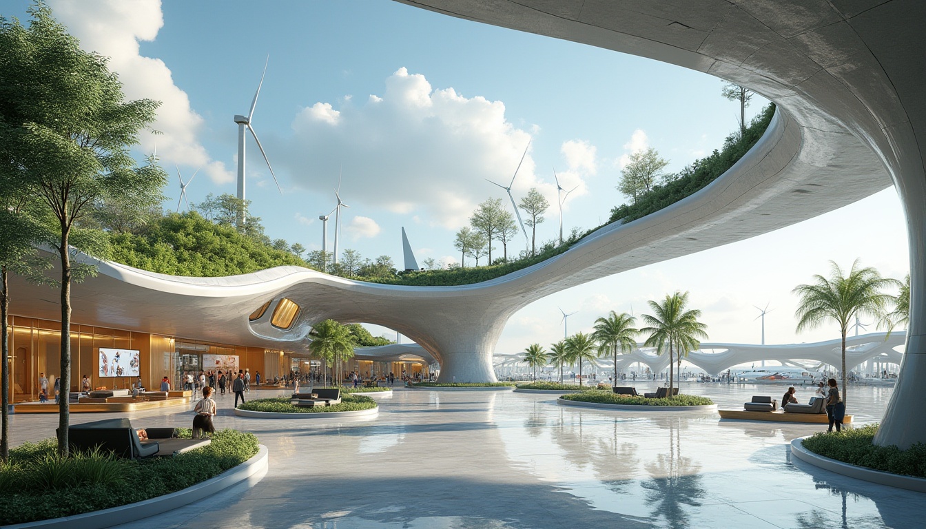 Prompt: Futuristic airport terminal, fusion architecture, sustainable design, green roof, solar panels, wind turbines, recycling facilities, vertical garden, natural light, open spaces, minimal waste, eco-friendly materials, steel beams, glass façade, dynamic curves, modern furniture, interactive exhibits, digital displays, airport lounges, calm atmosphere, soft lighting, panoramic view, 3/4 composition, ambient occlusion, realistic rendering.