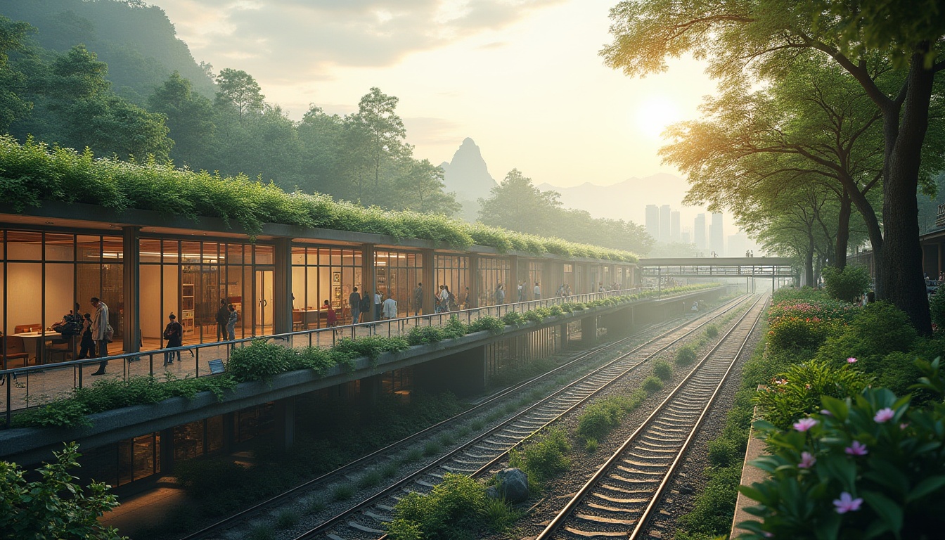 Prompt: Modern train station, integrated with natural landscape, green roofs, lush vegetation, sunlight filtering through trees, gentle mist, winding staircases, sleek metal handrails, large glass windows, panoramic view, 3/4 composition, soft focus, warm lighting, vibrant colors, urban planning, eco-friendly architecture, busy passengers in motion, dynamic atmosphere, morning or evening time, cityscape background, distant mountains, cloudy sky.