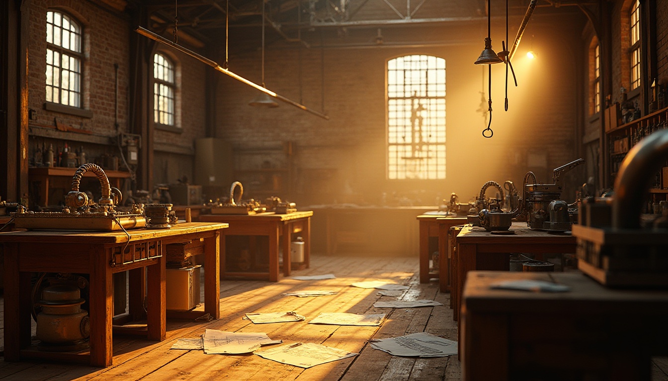 Prompt: Golden workshop, industrial style, golden color scheme, warm lighting, wooden tables, metal tools, mechanical devices, scattered blueprints, creative messy atmosphere, 3/4 composition, shallow depth of field, realistic rendering, high contrast, dramatic shadows, cinematic mood, afternoon sunbeam, soft focus background, rustic wooden floor, steel beams, exposed brick walls.